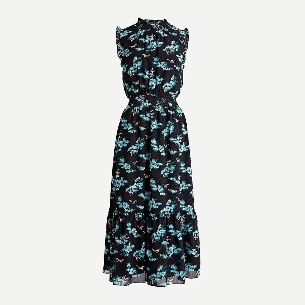 J. Crew Black Botanical Bees Print Smocked Waist Ruffle High Neck Midi Dress M